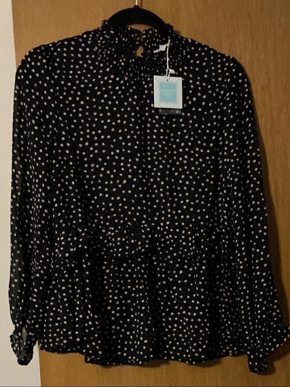 Hayden Navy and White Polka Dot Ruffle Peplum Blouse